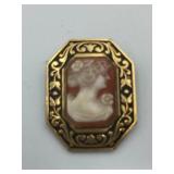 GOLD-TONE METAL CAMEO BROOCH, OCTAGONAL FRAME,
