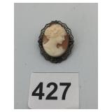 METAL FILIGREE CAMEO BROOCH, CARVED SHELL