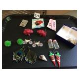 ASSORTED EARRINGS, WOODEN FROGS, PEACOCK