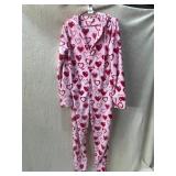 HOODIE FOOTIE ZIP-UP ONESIE, PINK W/ RED HEARTS,