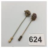 METAL STICK PINS, ONE W/ STONE CABOCHON, ONE W/