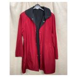 REVERSIBLE RAINCOAT, RED AND BLACK, SNAP CLOSURE,