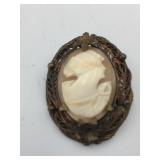 METAL FILIGREE CAMEO BROOCH, CARVED SHELL