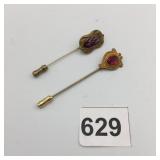 METAL STICK PINS, OVAL RED STONES, FILIGREE