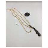 COSTUME JEWELRY, CREAM BEAD NECKLACE W/ TASSEL,