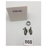 STERLING SILVER EARRINGS AND BAND RING, FEATHER