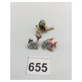 ENAMEL BROOCHES, BIRD AND FISH MOTIFS, GOLD-TONE