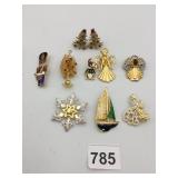 METAL-TONE HOLIDAY BROOCHES, CHRISTMAS TREES,
