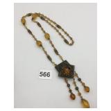 VTG FILIGREE PENDANT NECKLACE, AMBER-TONE GLASS