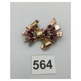 PENNINO BOW BROOCH, METAL, RED AND CLEAR