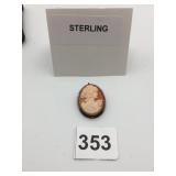 STERLING SILVER CAMEO BROOCH, HAND-CARVED SHELL