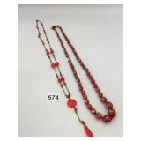 VTG BEADED NECKLACES, RED GLASS BEADS,