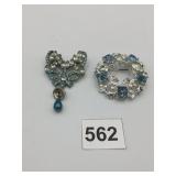 SILVER-TONE COSTUME BROOCHES, BLUE RHINESTONES,