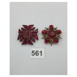 METAL-TONE COSTUME BROOCHES, RED RHINESTONES,