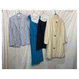 STRIPED BLAZER, TEAL DRESS, BLACK SKIRT, CREAM