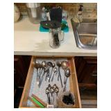 ASSORTED STAINLESS FLATWARE, KITCHEN UTENSILS,