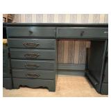 PAINTED WOOD DESK, BLUE FINISH, FIVE DRAWERS,