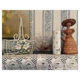 VTG WICKER BASKET, CYLINDRICAL FLORAL VASE,