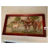 VTG HORSES PRINT ON TEXTURED FABRIC, RED ORNATE