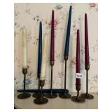 BRASS TAPER CANDLESTICKS, ASSORTED TAPER CANDLES