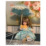 PORCELAIN DOLL LAMP, UMBRELLA SHADE, LACE TRIM,