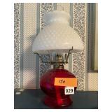 VTG OIL LAMP, RED GLASS FONT, WHITE HOBNAIL GLASS