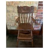 VTG WOOD HIGH CHAIR, SUNBURST CARVED CREST RAIL,