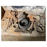 ASSORTED VTG TOOLS, METAL TONGS, RUBBER BELTING,