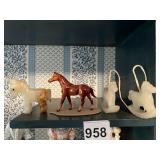 VTG HORSE FIGURINES, ONYX CARVED HORSE, PORCELAIN