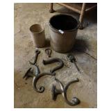 VTG STONEWARE CROCKS, CAST IRON HOOKS, HARDWARE,