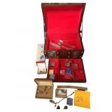 JEWELRY CHEST W/ ASSORTED CUFFLINKS, TIE
