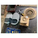 ASSORTED HARDWARE, VEHICLE ARMRESTS, TIN SNIPS,