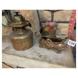 VTG BRASS OIL LAMP, ORNATE CAST METAL FOOTED
