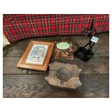 VTG WOODEN ASHTRAY, FRAMED CROSS-STITCH SAMPLER,