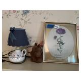 CERAMIC PITCHER LAMP W/ BLUE SHADE, PLUSH BUNNY