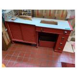 VTG SEWING CABINET, RED FINISH, LOUVERED SLIDING