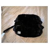 VTG BLACK FUR MUFF, SATIN LINING, WRIST STRAP,