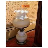 TABLE LAMP, MILK GLASS SHADE, FLORAL MOTIF,