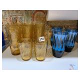 AMBER GLASS TUMBLERS W/ DIAMOND PATTERN, BLUE
