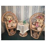 WICKER TABLE AND CHAIR SET, TWO TEDDY BEARS,