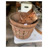 WOODEN VENEER BUSHEL BASKETS, NESTING PAIR, WIRE