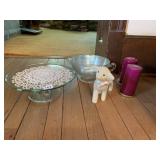 GLASS CAKE STAND, RIBBED GLASS SERVING BOWL, RUBY