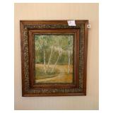 OIL PAINTING, WOODLAND PATH SCENE, BIRCH TREES,