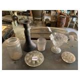 VTG GLASSWARE, INCLUDES CLEAR GLASS JARS, METAL