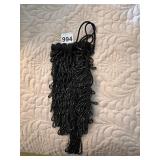 BLACK BEADED DRAWSTRING POUCH, FRINGED DETAIL,