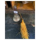 BRASS HAND BELL, WOODEN HANDLE, INCLUDES YELLOW