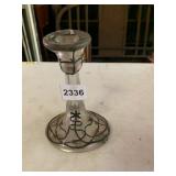CLEAR GLASS CANDLESTICK, ETCHED BLACK DESIGN.