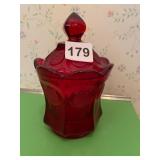 VTG RUBY RED PRESSED GLASS COVERED CANDY DISH,