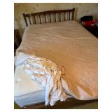 WOOD BED FRAME, SPINDLE HEADBOARD, MATTRESS, BOX