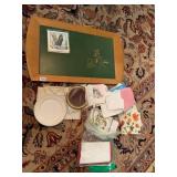 VTG WOOD SERVING TRAY W/ GREEN LEATHER INLAY,
